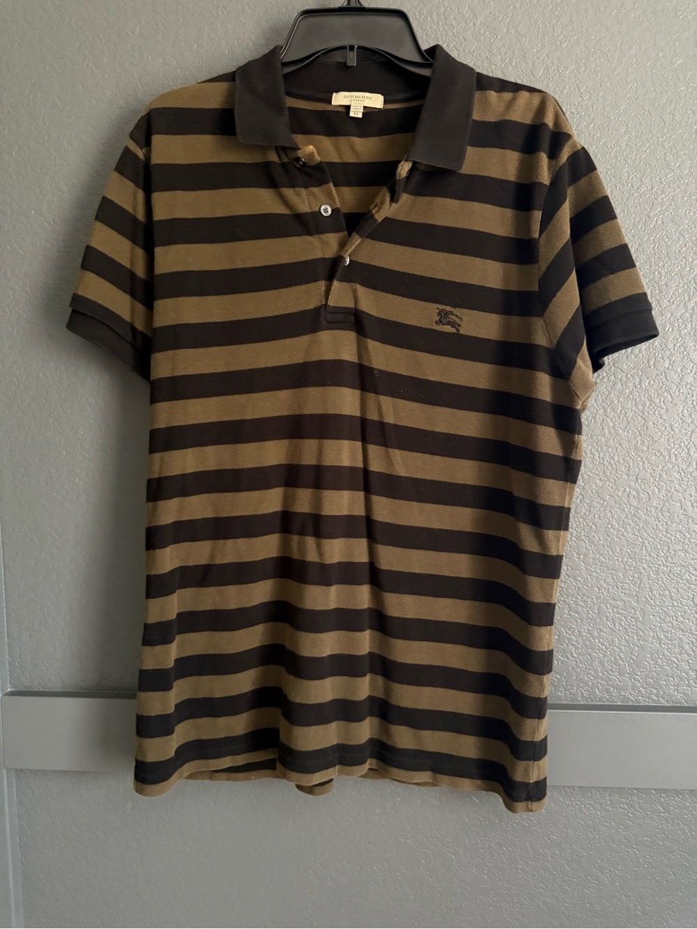 BURBERRY • men’s Striped Polo Shirt - brown & Black short sleeve - XL slim fit